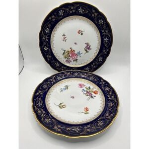 Antique English Cobalt Blue & Raised Gold Gilt Cabinet Plates Set of 2 c.1900